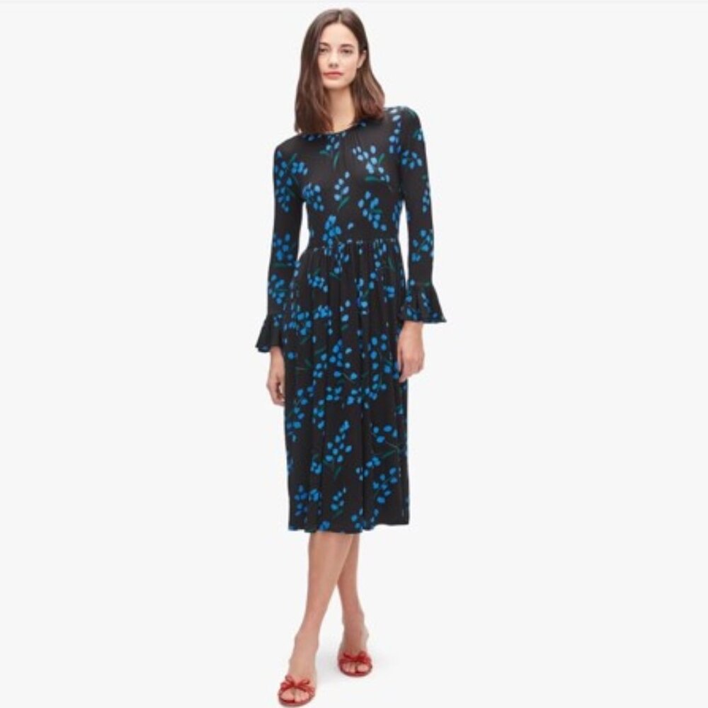 Kate Spade Size 6 Midi Sea Breeze Floral Dress Flutter Blue Green Black Spring